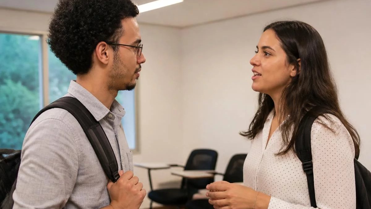 Grupo pequeno em volta da mesa de reunião, cada um com folhas impressas na mão