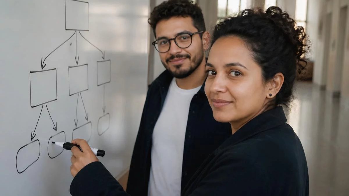 Duas participantes de pé diante do quadro branco, montando um argumento a caneta