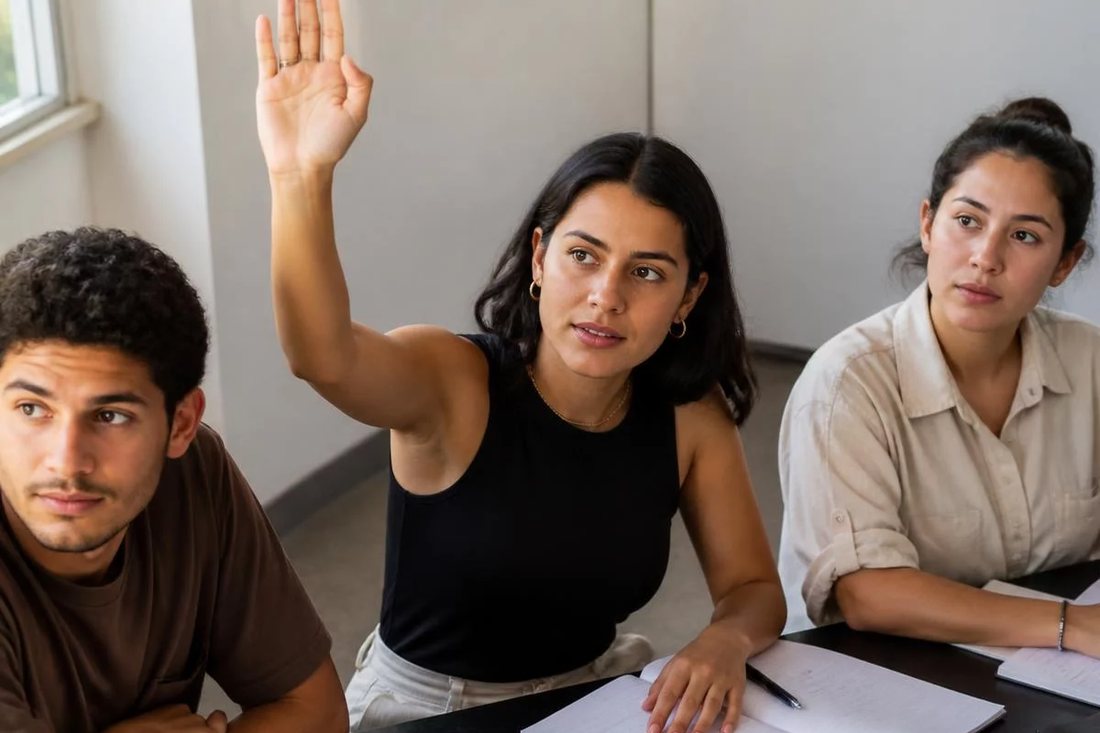 Facilitador em pé apontando para um argumento escrito no quadro durante a sessão